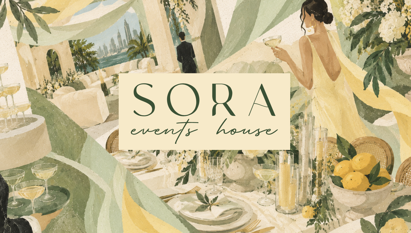 SORA EVENTS HOUSE brand card — illustrated Dubai celebration